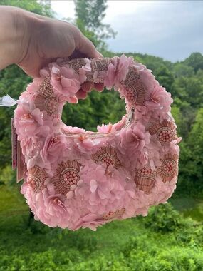 Viral Beaded Bag - Pink Floral Beaded Handle Women's Handbag